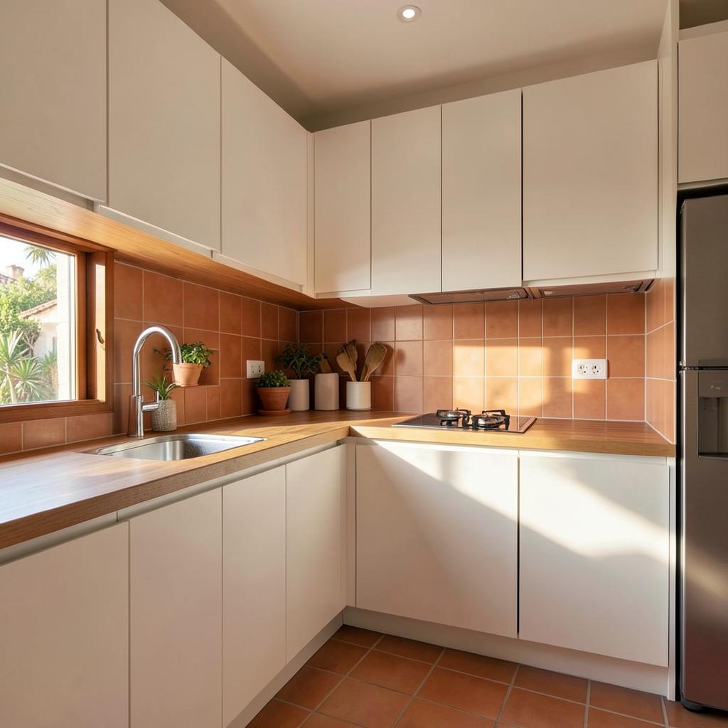 Cocina reformada con acabados en madera y azulejo terracota